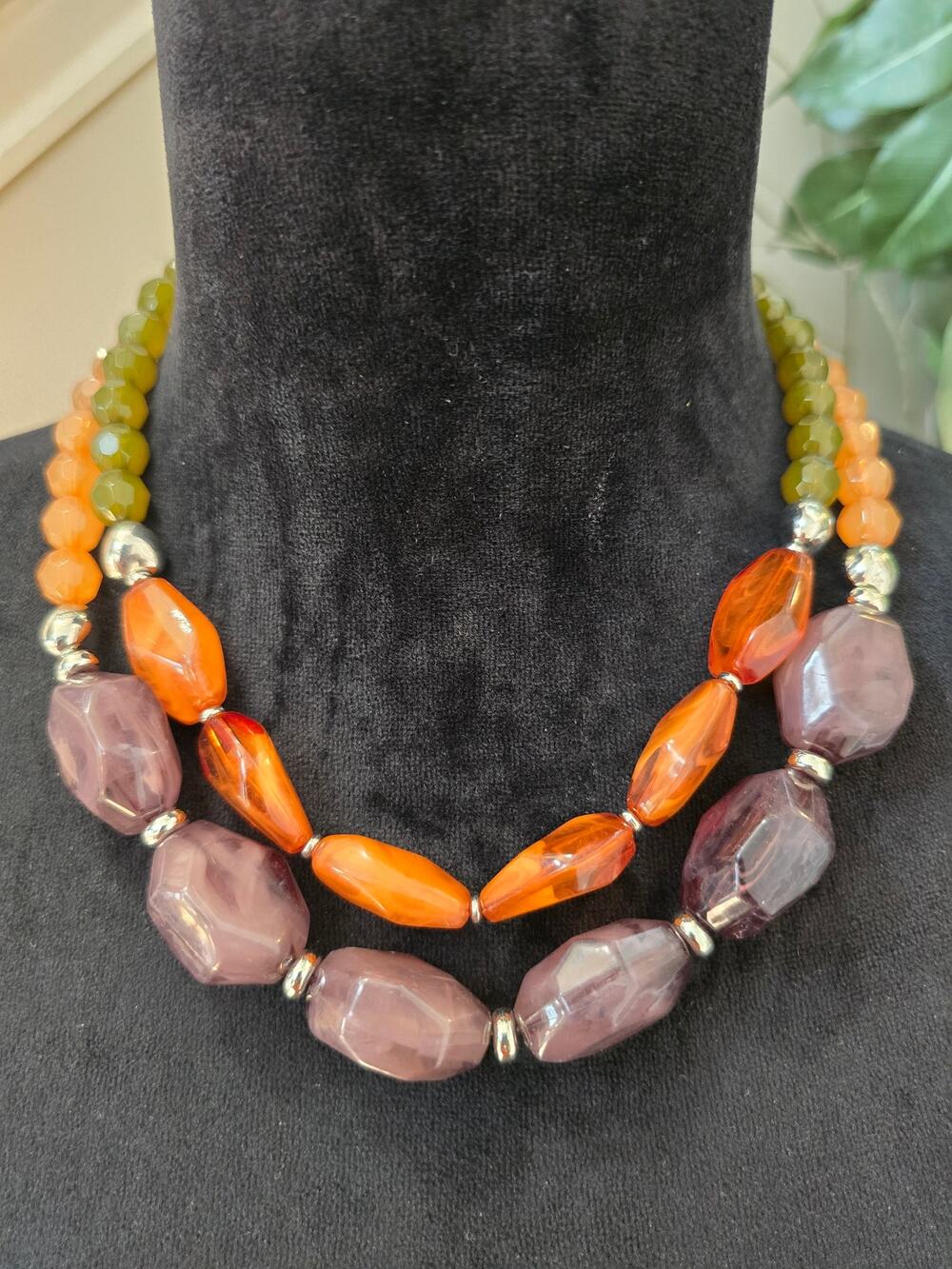 Orange Purple Double Strand Chunky Beaded Lightweight Necklace